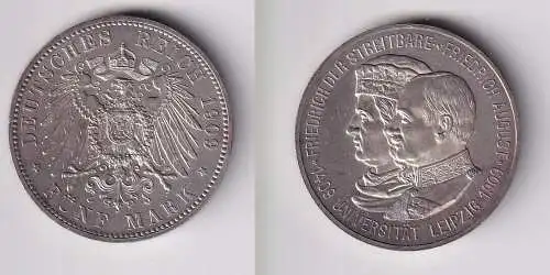 5 Mark Silber Münze Sachsen Universität Leipzig 1909 vz/Stgl. (161282)