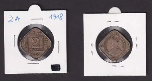 2 Anna Kupfer-Nickel Münze Indien 1918 Georg V. (166030)