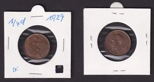 1 Farthing Kupfer Münze Großbritannien 1929 Georg V. fast Stempelglanz (168399)