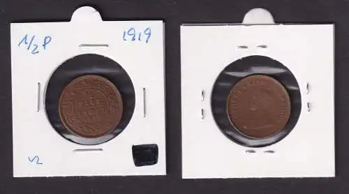 1/2 Pice Paise Kupfer Münze Indien 1919 Georg V. (169478)