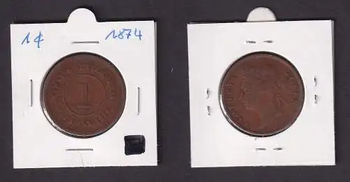 1 Cent Kupfer Münze Straits Settlements 1874 Victoria (168022)