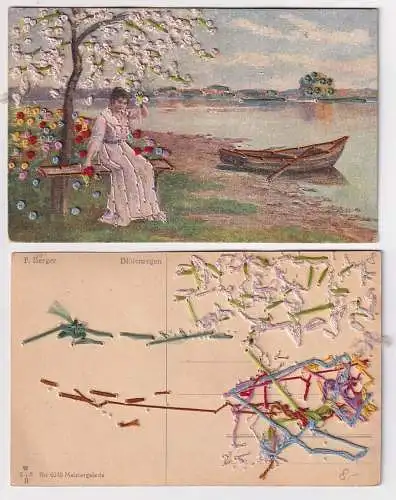 56077 Künstler Ak Blütenregen aufwändig bestickt um 1910