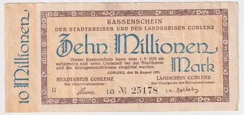 10 Millionen Mark Banknote Inflation Stadtkreis Coblenz 20.8.1923 (169371)