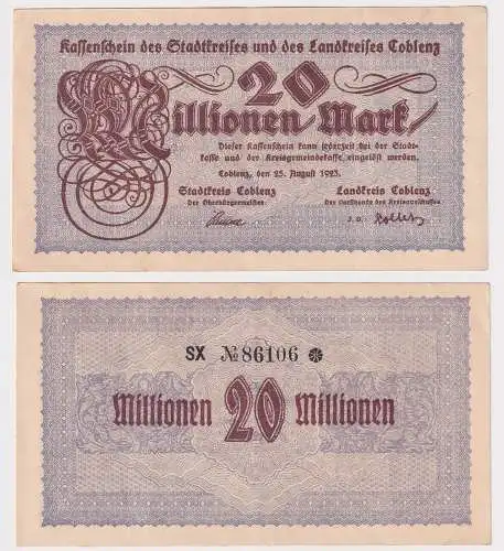 20 Millionen Mark Banknote Inflation Stadtkreis Coblenz 25.8.1923 (169419)