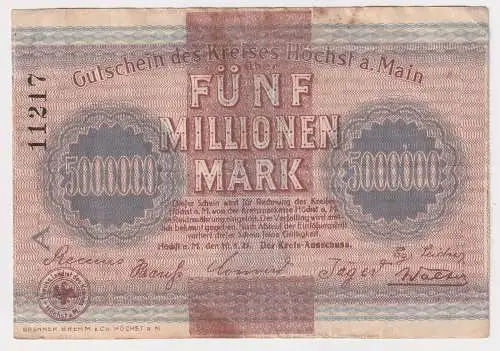 5 Millionen Mark Banknote Inflation Kreis Höchst am Main 10.8.1923 (169944)
