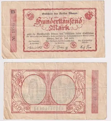100000 Mark Banknote Inflation Kreis Adenau 15.Juli 1923 (169935)