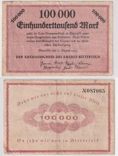 100000 M Banknote Inflation Kreisausschuss Kreis Bitterfeld 11.08.1923 (117147)