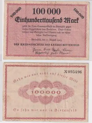 100000 M Banknote Inflation Kreisausschuss Kreis Bitterfeld 11.08.1923 (110192)