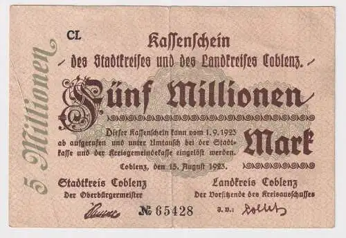 5 Millionen Mark Banknote Inflation Stadtkreis Coblenz 15.8.1923 (169404)