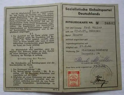 Mitgliedskarte Nr. IV SED Kreis Freiberg mit Beitragsmarken von 1946 (133217)