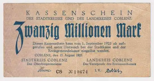 20 Millionen Mark Banknote Inflation Stadtkreis Coblenz 15.8.1923 (169364)