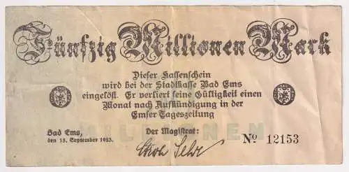 50 Millionen Mark Banknote Inflation Stadt Bad Ems 15.September 1923 (169230)
