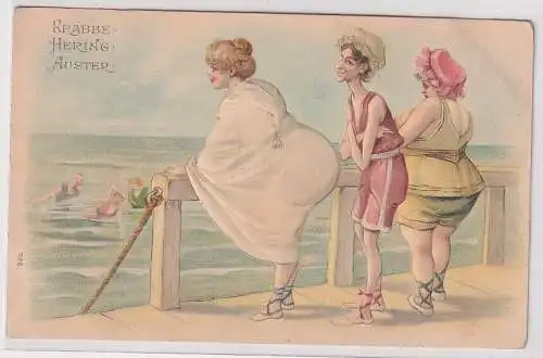 20558 geprägte Künstler Ak Frauen im Strandbad "Krabbe Hering Auster" um 1910