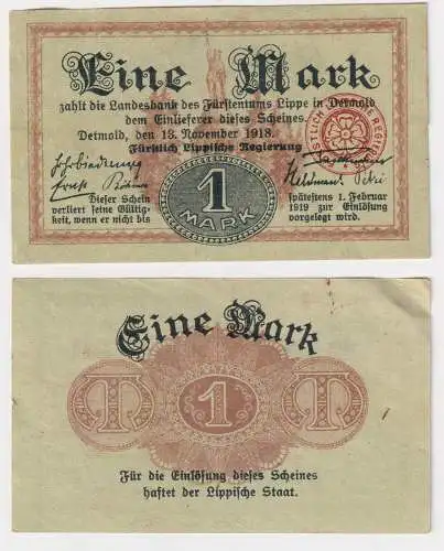 1 Mark Banknote Fürstlich Lippische Regierung Detmold 13.11.1918 (169083)