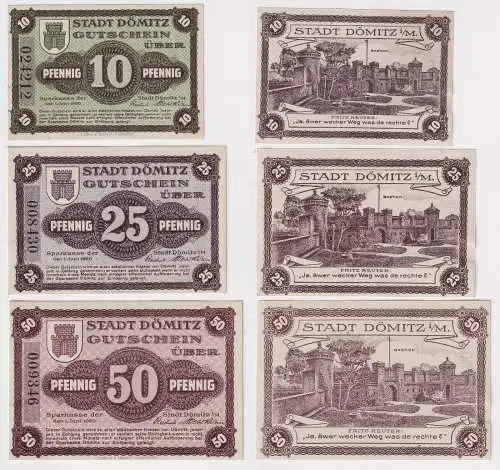 3 Banknoten 10, 25, 50 Pfennig Notgeld Sparkasse der Stadt Dömitz 1920 (168713)