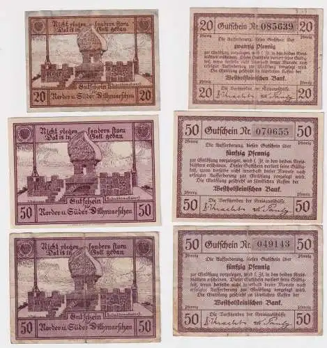 20, 2x 50 Pfennige Banknote Notgeld Norder & Süder Dithmarschen um 1920 (169123)