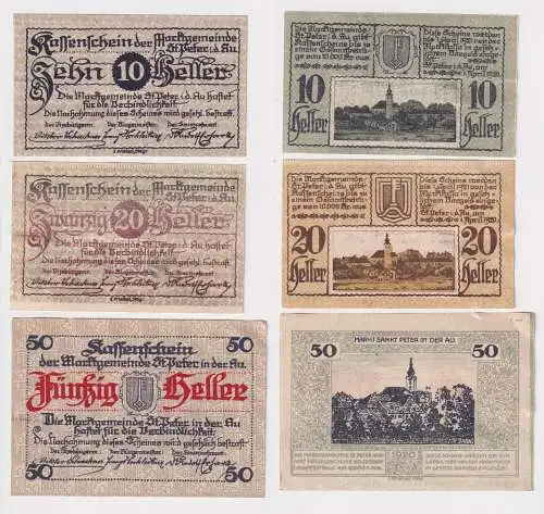 3 Banknoten 10, 20, 50 Heller Notgeld Gemeinde St.Peter i.d.Au 1920 (169166)