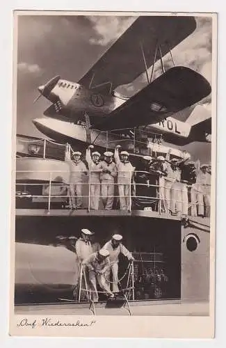 67595 Ak "Auf Wiedersehen" Wasserflugzeug beim Transport mit dem Schiff 1937