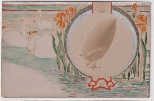 89970 Künstler Ak Jugendstil Foto Zeppelin mit Rahmen aus Schwänen und Lilien