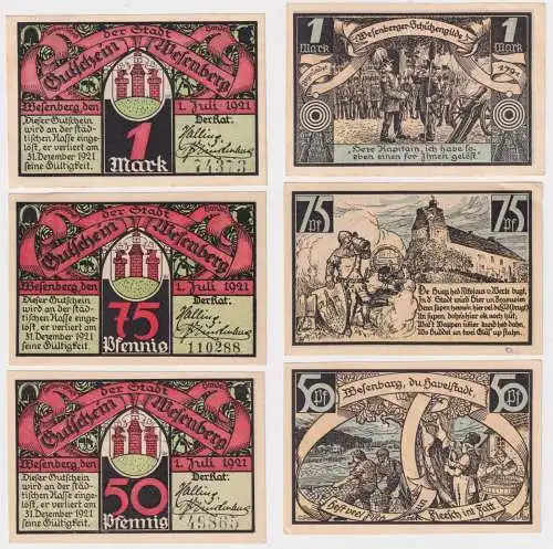 50, 75 Pfennig 1 Mark Banknoten Notgeld Stadt Wesenberg 1.6.1921 (169562)