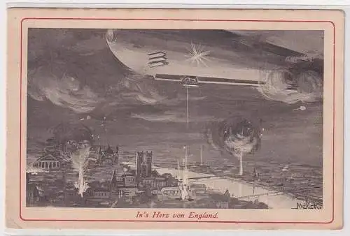 04712 Künstler Ak 1. Weltkrieg Zeppelin Militärluftschiff Bomben auf England