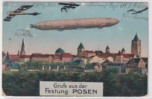 15030 Feldpost Ak Gruß aus der Festung Posen mit Zeppelin 1915