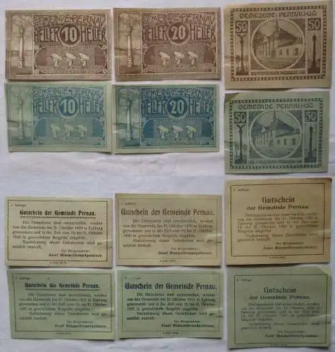 6 Banknoten 10,20 & 50 Heller Notgeld Gemeinde Pernau 1920 (168575)