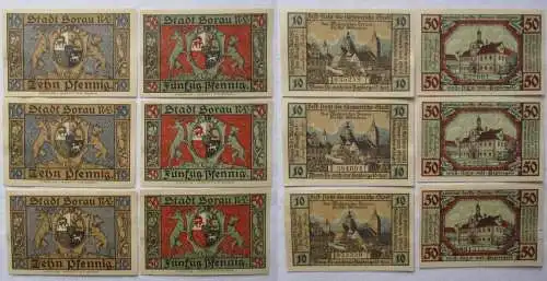 3 x 10 & 3x 50 Pfennig Banknoten Notgeld Stadt Sorau N.L. 1. März 1921 (168674)