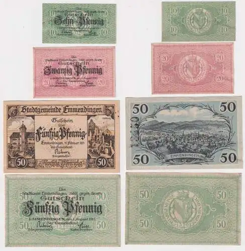10, 20 & 2 x 50 Pfennig Banknoten Notgeld Stadt Emmendingen 1917/21 (169151)
