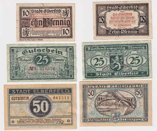 10, 25 und 50 Pfennige Banknoten Notgeld Stadt Elberfeld 1919/20 (169088)