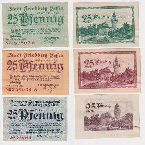 3 x 25 Pfennig Banknoten Notgeld Stadt Friedberg 1918/1920 (168717)