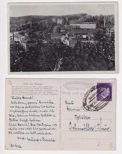 21765 Ak Gruß aus Amerika i. Sachsen bei Penig mit Stempel Zeppelin 1942