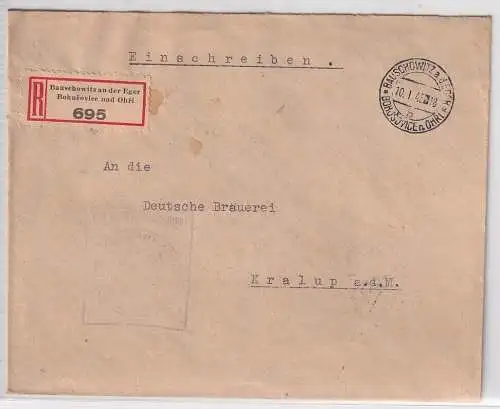 904385 Einschreiben Brief Rauschowitz an der Eger nach Kralup 1945