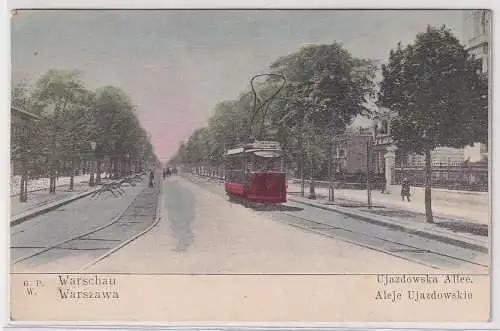 90836 Ak Warschau Warszawa Ujazdowska Allee mit Straßenbahn um 1910