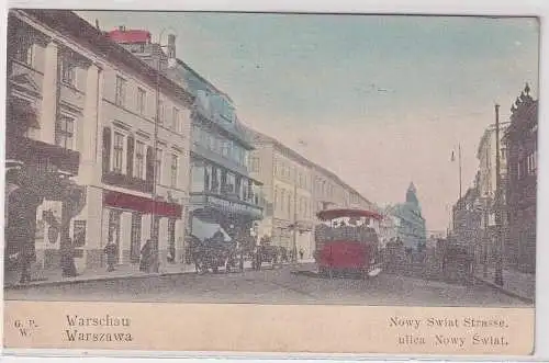 07523 Ak Warschau Warszawa Nowy Swiat Strasse mit Straßenbahn um 1910