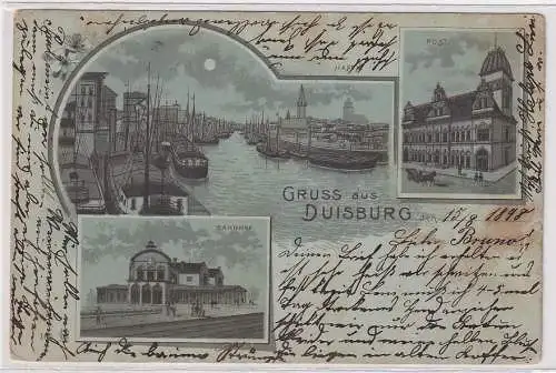 34831 Mondschein Ak Gruss aus Duisburg Post Bahnhof Hafen 1898