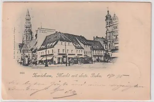 89634 AK Zwickau - Markt mit electrischer Bahn, Strumpfwarenhaus Helier 1898