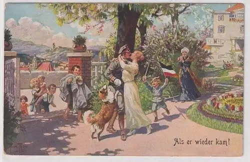 31000 Künstler Ak Arthur Thiele Patriotika Soldat "Als er wieder kam!" 1915