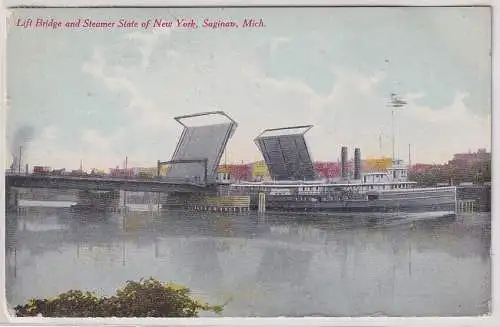 91313 AK Lift Bridge and Steamer State of New York Saginaw Michigan 1910