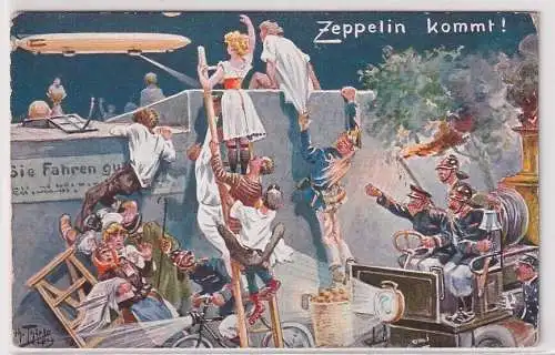 97665 Künstler Ak Arthur Thiele Humor Zeppelin kommt! um 1915