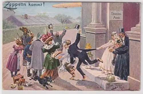 23070 Künstler Ak Arthur Thiele Humor Zeppelin kommt! Standesamt um 1915