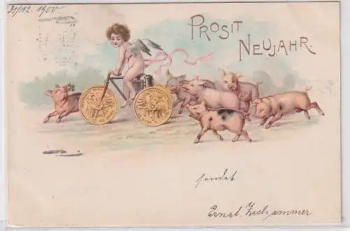34601 AK Prosit Neujahr! Engel auf Fahrrad m. Münzen als Räder, Schweine 1900
