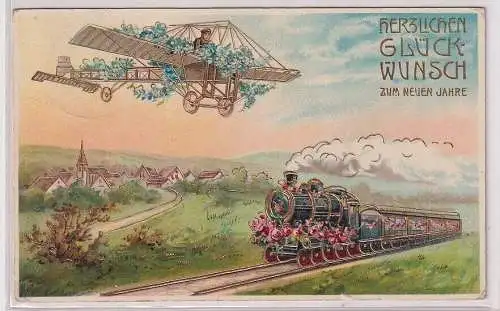 79800 geprägte Ak Herzl. Glückwunsch zum Geburtstag Flugzeug und Dampflok 1913