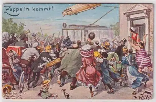 01200 Künstler Ak Arthur Thiele Humor Zeppelin kommt! um 1915