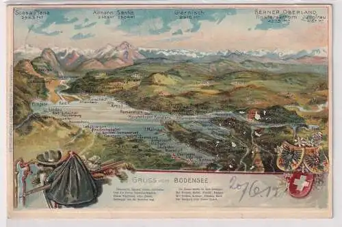 60069 Präge Wappen Ak Gruss vom Bodensee - Landkarte mit Insel Mainau 1911