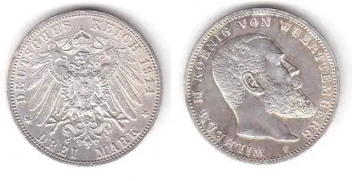 3 Mark Silbermünze Württemberg König Wilhelm II 1914 Jäger 175 (111981)