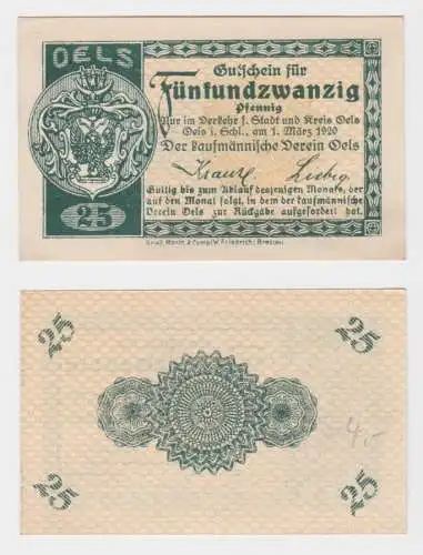 25 Pfennig Banknote Notgeld kaufmännischer Verein Oels 1920 (137343)
