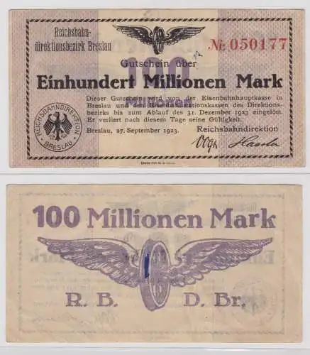 100 Millionen Mark Banknote Reichsbahndirektion Breslau 27.09.1923 (137643)