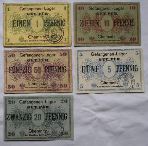 5 Banknoten Gefangenenlager Chemnitz 1.Weltkrieg um 1915 (116088)