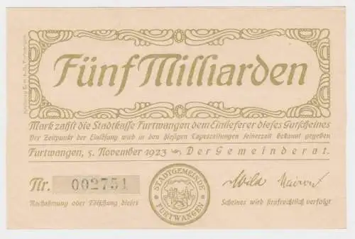 5 Milliarden Mark Banknote Gemeinderat Furtwangen 5.11.1923 (140061)